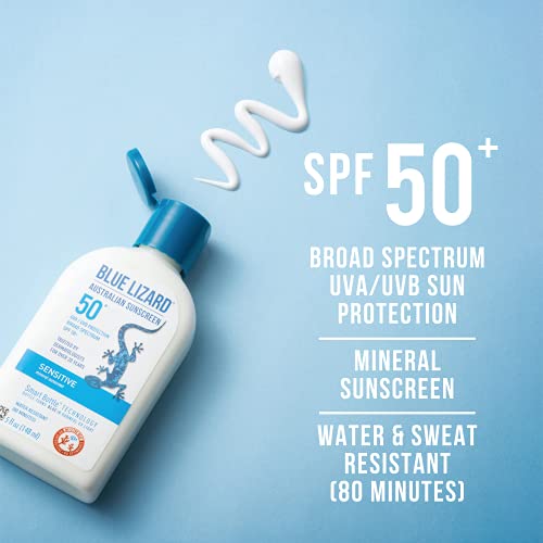 BLUE LIZARD Sensitive Mineral Sunscreen SPF 50+ Fragrance Free Fragile Skin Sun Protection Smart Bottle Technology 5 oz