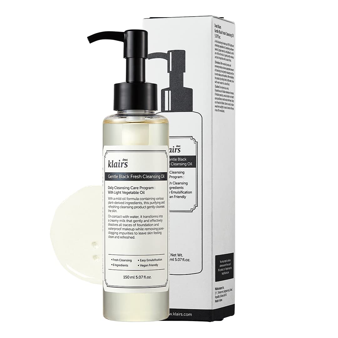 DearKlairs Gentle Black Fresh Cleansing Oil for Oily Sensitive Skin, Vegan, 6 Ingredients, Korean Skincare (5.07 Fl Oz)