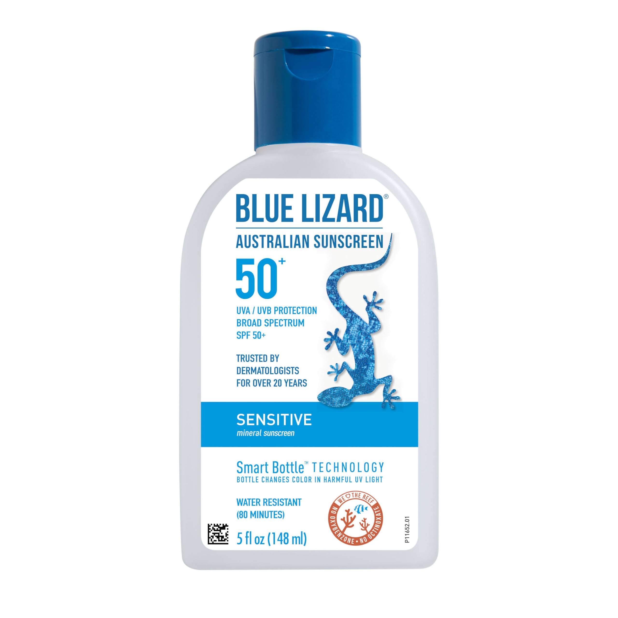 BLUE LIZARD Sensitive Mineral Sunscreen SPF 50+ Fragrance Free Fragile Skin Sun Protection Smart Bottle Technology 5 oz